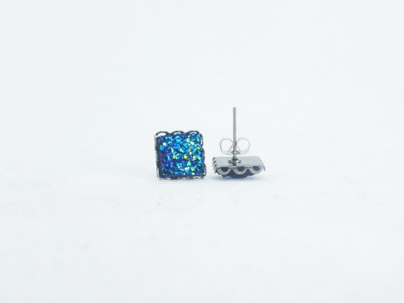 Square Druzy Earrings Sparkly Square Studs Metallic Blue Druzy Faux Druzy