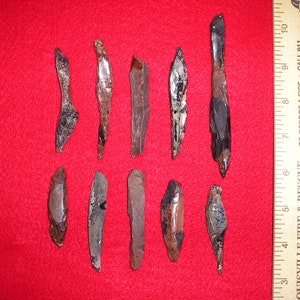 May include: Ten dark, elongated, possibly obsidian or flint artifacts are arranged on a red surface. A wooden ruler with text is in the background. The artifacts vary in shape and size, with a range of dark brown to black colors.