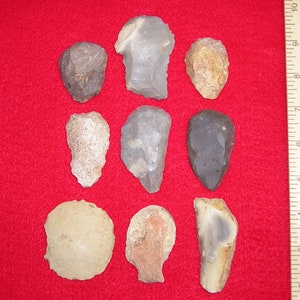 Nine Prehistoric Indian Flint Tools Scraper Artifacts