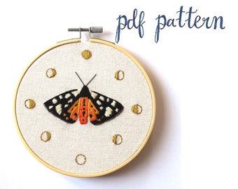 PDF Moth and Moons Embroidery Pattern and Instructions Downloadable Cream Spotted Tiger Moth