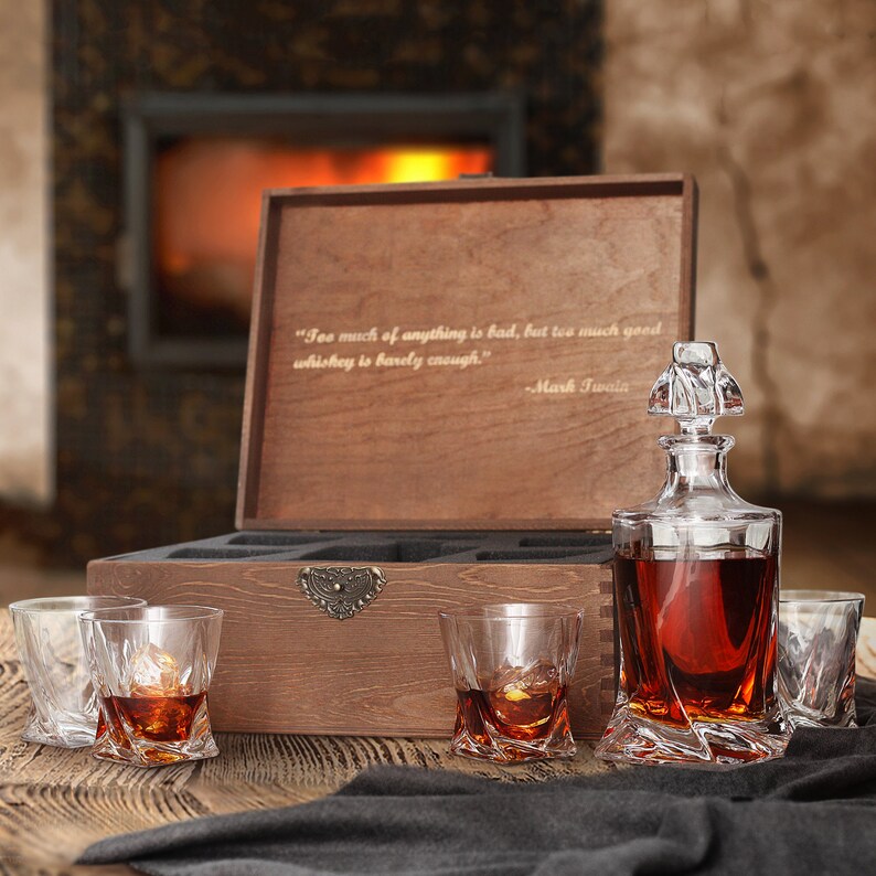 Liquor Whiskey Decanter Set With Wooden Box Bourbon Gifts Etsy