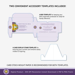 A visual representation of the included printable box and card display stand template, making it easy to store or gift the Heart Healing Grief Deck with a personalized touch.