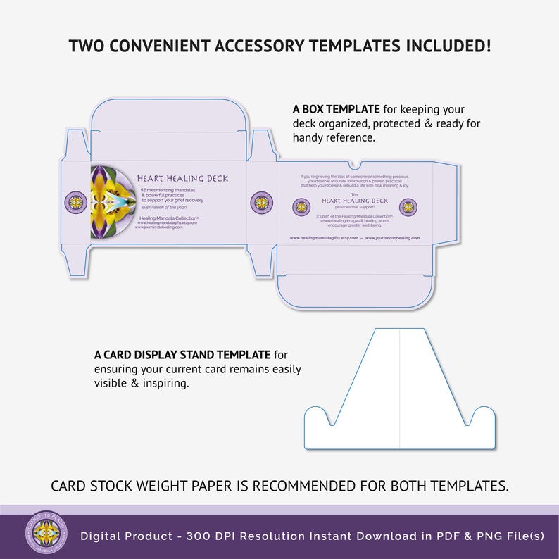 A visual representation of the included printable box and card display stand template, making it easy to store or gift the Heart Healing Grief Deck with a personalized touch.