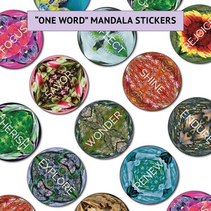 Pegatinas digitales e imprimibles / Pegatinas redondas de UNA PALABRA / Juego de 12 pegatinas de mandala / Pegatinas de mandala inspiradoras con múltiples usos