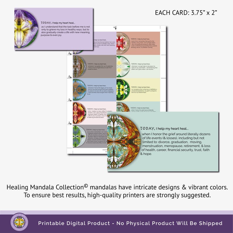 Close-up of a Heart Healing Grief Deck card, showcasing soothing mandala artwork and an affirmation to help with loss, grief, and emotional healing.