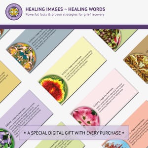 A collection of grief healing affirmation cards displayed in a neat layout, each featuring comforting words and a unique mandala design for emotional support.