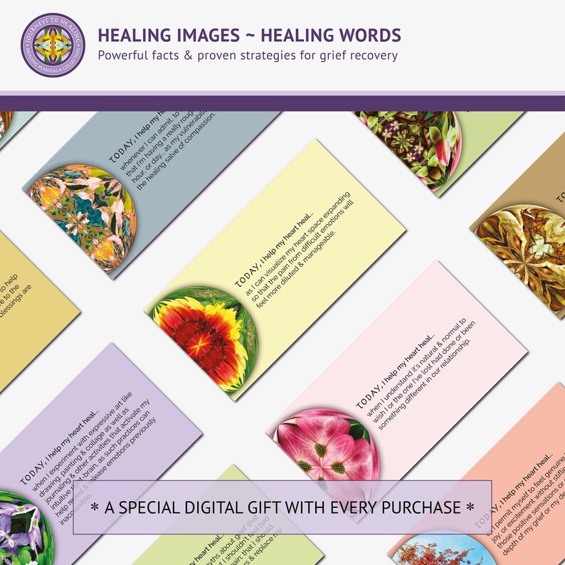 A collection of grief healing affirmation cards displayed in a neat layout, each featuring comforting words and a unique mandala design for emotional support.