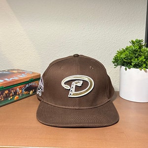 Puede incluir: Gorra de béisbol marrón con el logotipo de los Diamondbacks de Arizona en blanco y dorado. La gorra está sobre una superficie de madera con una lata decorativa y una pequeña planta en maceta en el fondo.