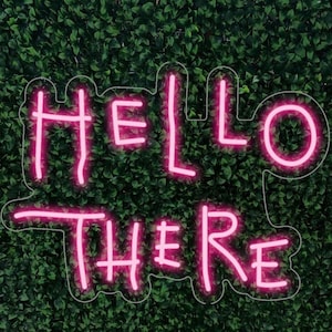Puede incluir: Un letrero de neón con las palabras "HELLO THERE" en rosa brillante sobre un fondo de follaje verde. El letrero tiene un contorno blanco y las letras son de estilo manuscrito.