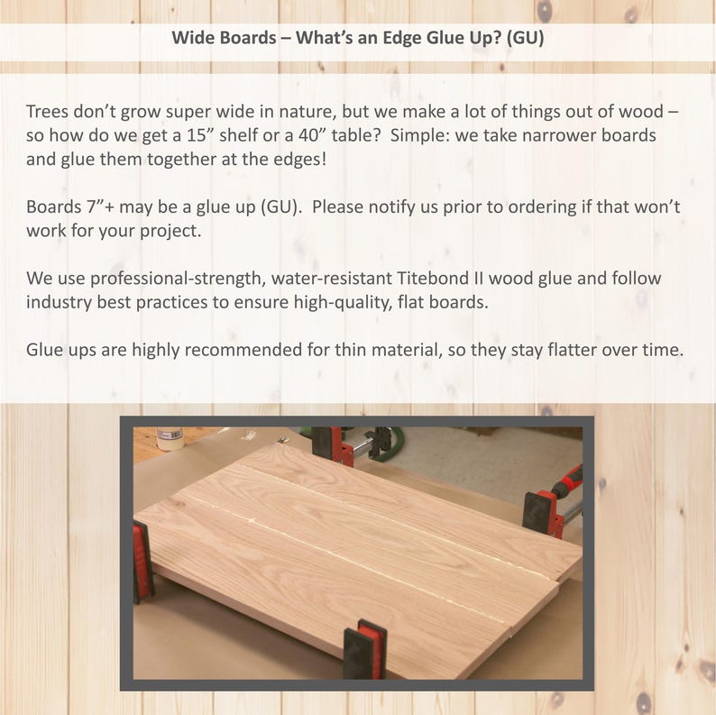 May include: A close-up of two wooden boards being glued together with clamps. The boards are light brown and have a natural wood grain. The text "Wide Boards - What's an Edge Glue Up? (GU)" is at the top of the image.