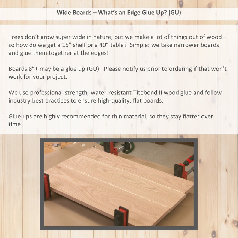 以下が含まれることがあります： クランプで接着されている2枚の木材のクローズアップ。木材は薄い茶色で、表面は滑らかです。画像の上部には「Wide Boards - What's an Edge Glue Up? (GU)」というテキストがあります。