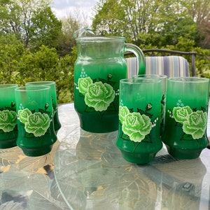 Amish-made Glass Pitcher and Glasses Set for 6 - Hand-painted in Green - Free Shipping!