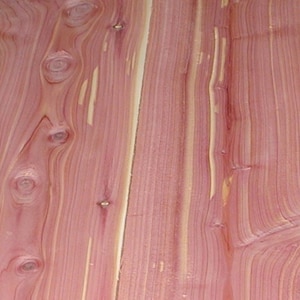 May include: Close-up of a piece of wood with a reddish-brown color and a natural grain pattern. The wood has a knotty texture and a smooth surface.
