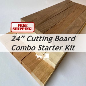 May include: A wooden cutting board combo starter kit. The image shows a 24-inch cutting board made of various wood tones, including light and dark brown. The text on the image reads "24" Cutting Board Combo Starter Kit."
