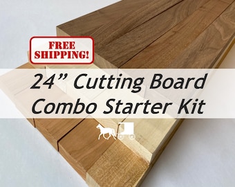 May include: A wooden cutting board combo starter kit. The image shows a 24-inch cutting board made of various wood tones, including light and dark brown. The text on the image reads "24" Cutting Board Combo Starter Kit."