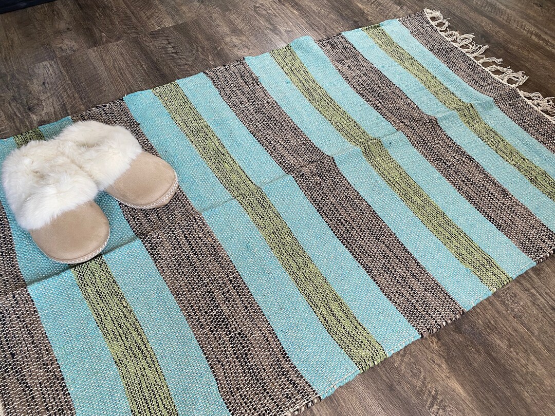 Amishmade Woven Yarn Rug 49 X 30 Turquoise Etsy