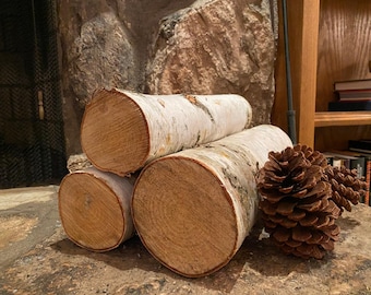 Amish-Made White Birch Logs  - 3 pack, 16" long x apx 3-5" diameter, Seasonal Decor / Craft Wood / Fire Wood