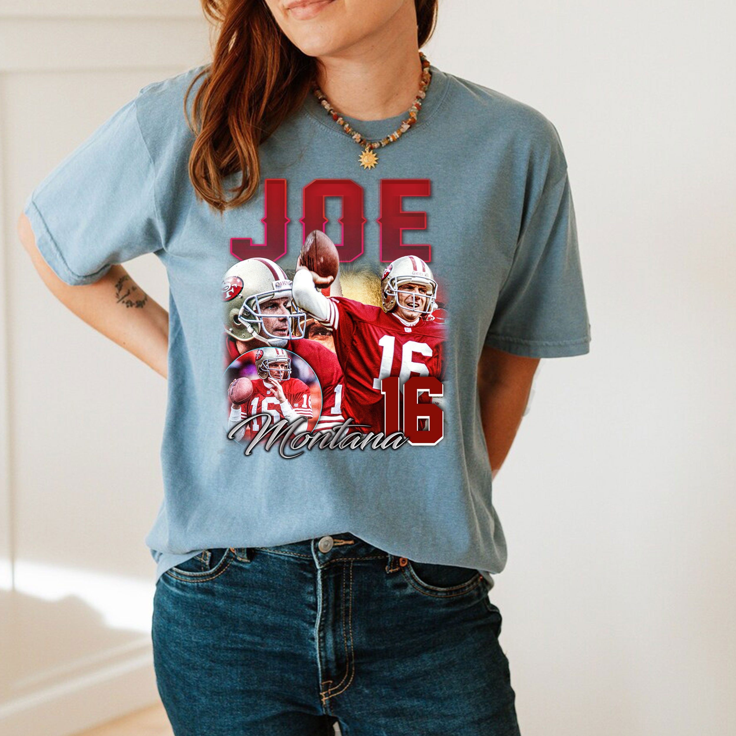 RED 49ers Joe Montana Joe Cool Pic LADIES V-NECK T-shirt ADULT