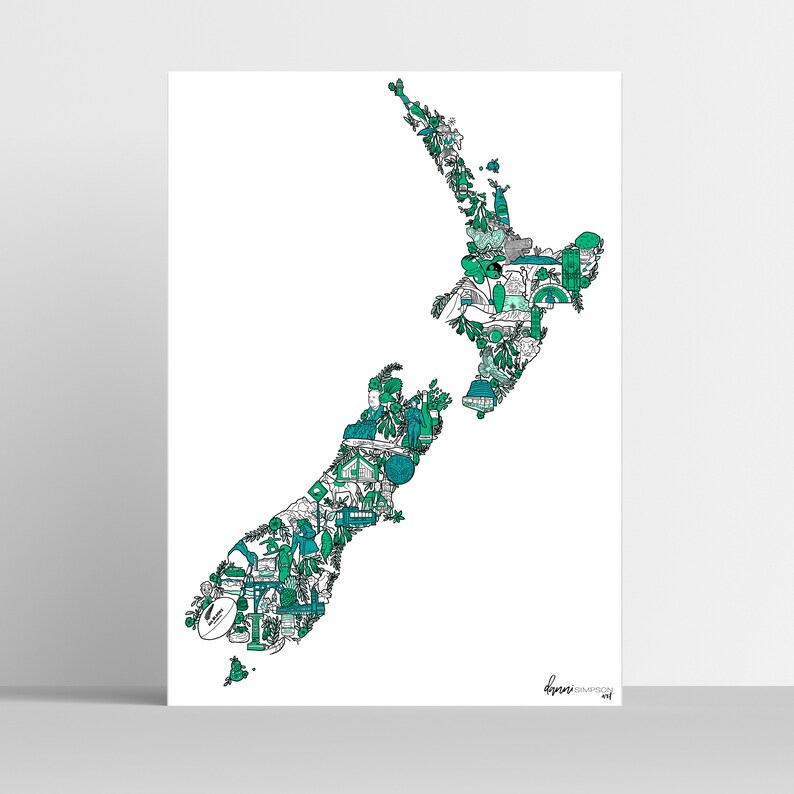 New Zealand Map Illustration Art Print NZ Poster New Zealand Etsy