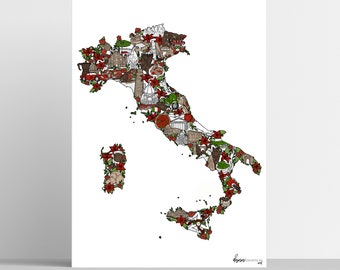 Italy Map Illustration Art Print, Italia poster, Rome Art, Florence, Venice, Milan, Naples Map, Travel Illustration, Souvenir Print