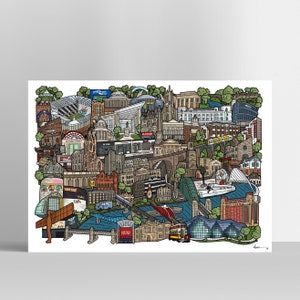 Newcastle Upon Tyne Map Illustration Art Print, Newcastle poster, Newcastle Upon Tyne Art, Travel Illustration, Souvenir Print