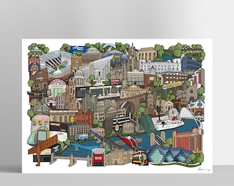 Newcastle upon Tyne kaart illustratie Art Print, Newcastle poster, Newcastle upon Tyne kunst, reizen illustratie, souvenir print