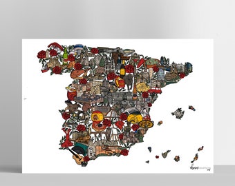 Spain Map Illustration Art Print, Spanish poster, Spain Art, Spain Map, Travel Illustration, Souvenir Print