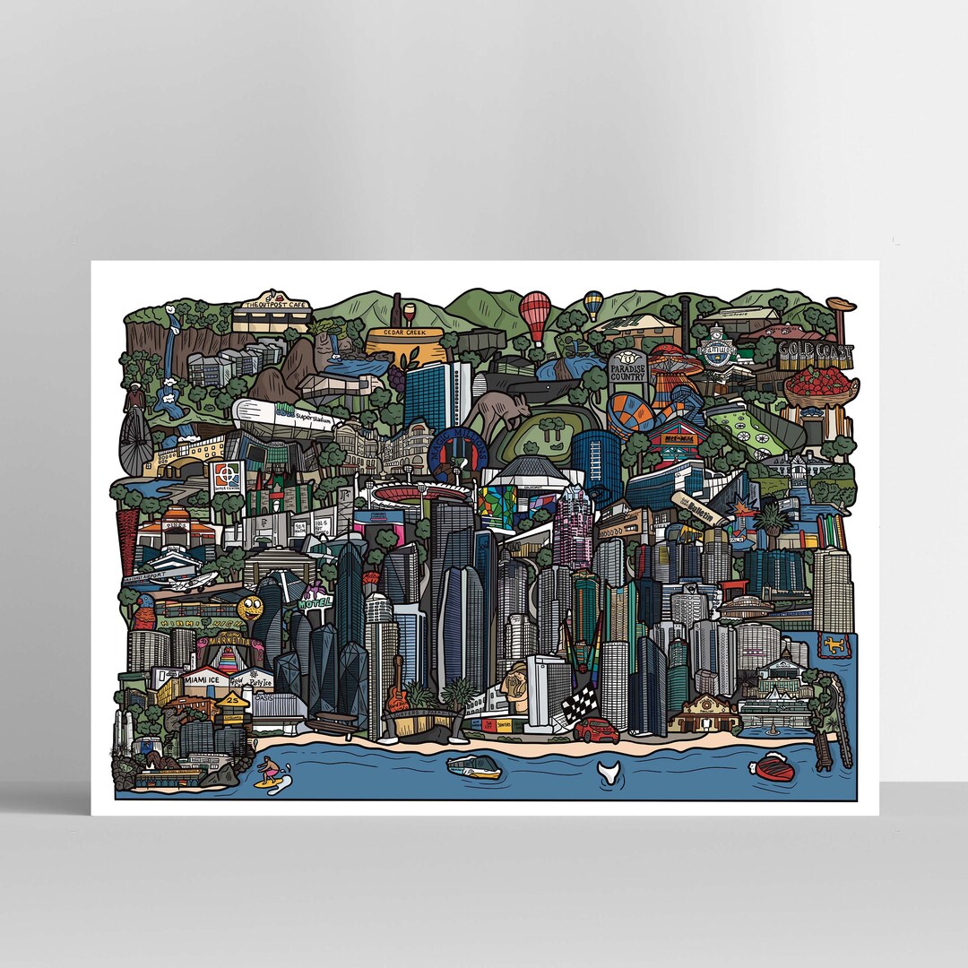 Gold Coast Map Illustration Art Print, Gold Coast Poster, Gold Coast