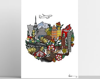 Sweden and New Zealand Map Illustration Art Print, Sweden & New Zealand poster, Sweden and NZ Art, Travel Illustration, Souvenir Print