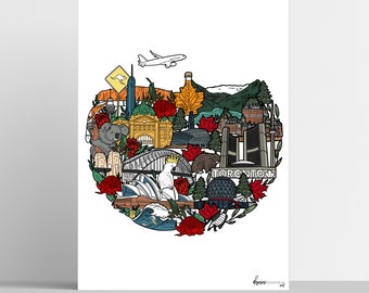 Canada and Australia Map Illustration Art Print, Canadian Australian poster, Canada and Australia Art, Travel Illustration, Souvenir Print