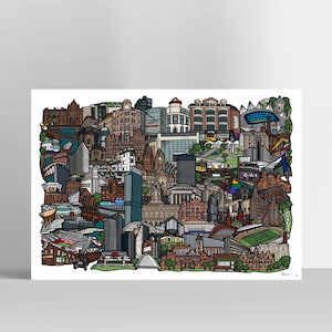 Può includere: Illustrazione dettagliata e colorata di un paesaggio urbano, con vari edifici, strutture e punti di riferimento. L'opera d'arte presenta una varietà di stili architettonici, con un mix di grattacieli moderni ed edifici storici. L'immagine è una vibrante rappresentazione di un ambiente urbano.