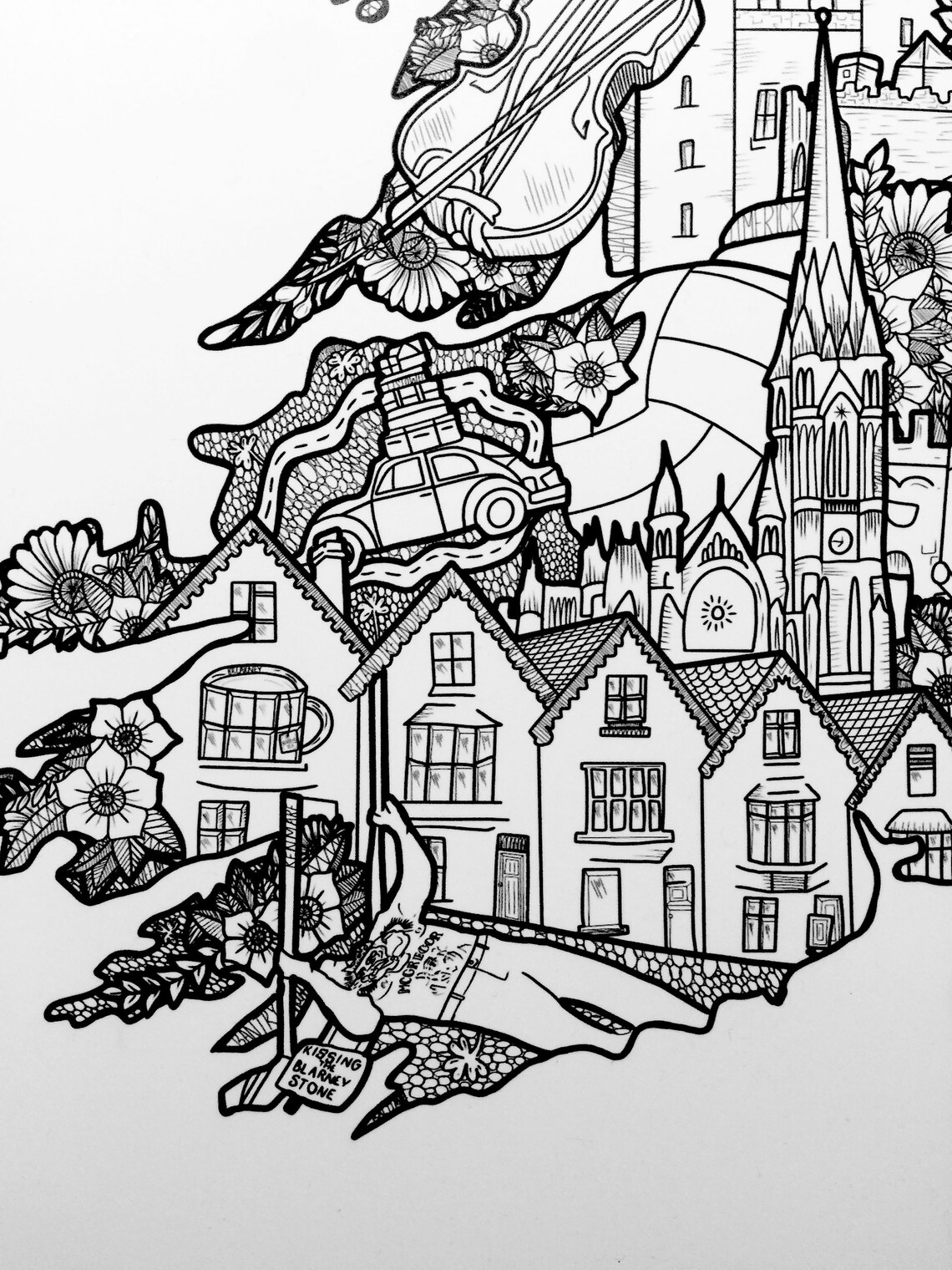 Ireland Map Illustration Art Print Ireland Poster Ireland Etsy