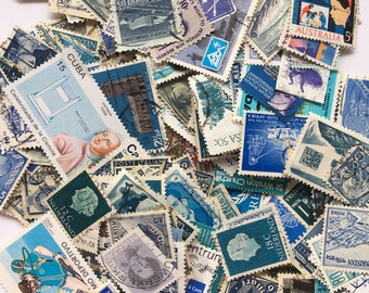 50 Blue Vintage Postage Stamps, Tones, All different, world, vintage, used, postmarked/franked/unfranked off paper/crafts/collage/journaling