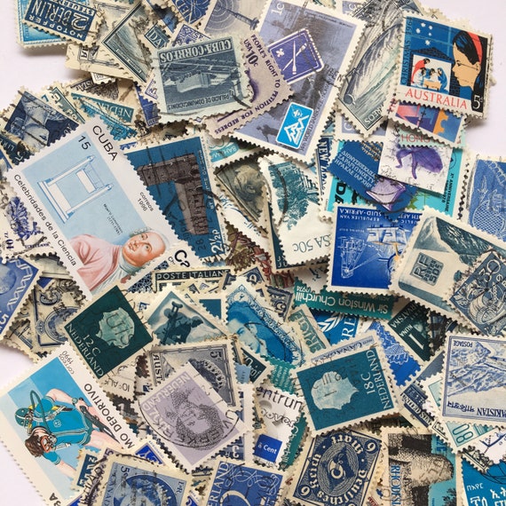50 SHADES of BLUE Used World Postage Stamps for Crafting, Collage