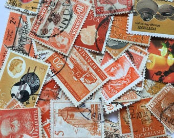 50 Orange Vintage Postage Stamps, Tones, All different world, vintage, used, postmarked/franked/unfranked off paper, crafts/collage/journals