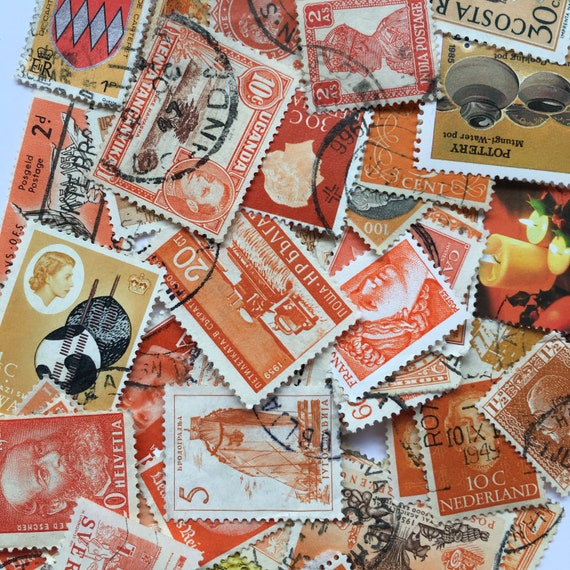 50 Orange Vintage Postage Stamps, Tones, All different world, vintage,  used, postmarked/franked/unfranked off paper, crafts/collage/journals