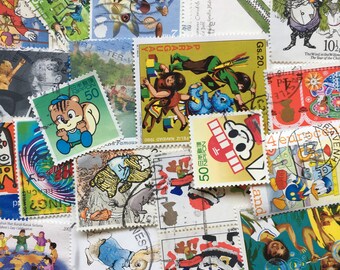 50 Children's Interest Vintage Postage Stamps all different off paper for collecting, crafting/scrapbooking/junk journals/collage/decoupage