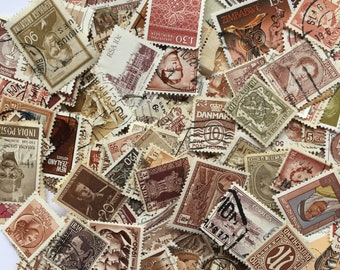 50 Vintage Brown Postage Stamps, Tones, All different, world, vintage, used, postmarked/franked/unfranked off paper, crafts/collage/journals