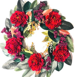Handmade Burgundy Peony & Magnolia Fall Wreath: Farmhouse Grapevine Decor