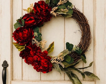 Burgundy Peony Fall Wreath: Farmhouse Autumn Door Decor