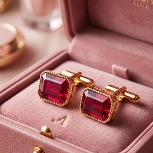 May include: A pair of gold cufflinks featuring rectangular, deep red faceted stones set in a beaded metal frame. The cufflinks are displayed inside a dusty pink velvet-lined box, which includes a small letter A embossed on the interior fabric.