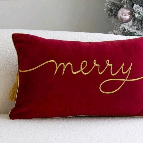 Feliz Natal | Bordada | Fronha | Festas | Cereja | Almofada Decorativa | Almofada de Veludo Dourada | Somente a Capa