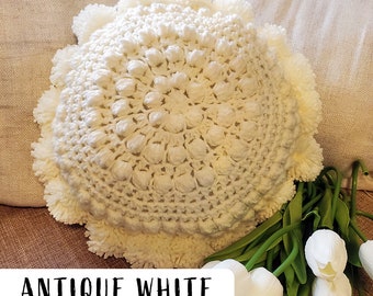 Crochet Round Bubble Cushion with Pompom | Home Décor | Boho Style | Farmhouse Pompom Cushions | Round Throw Pillow