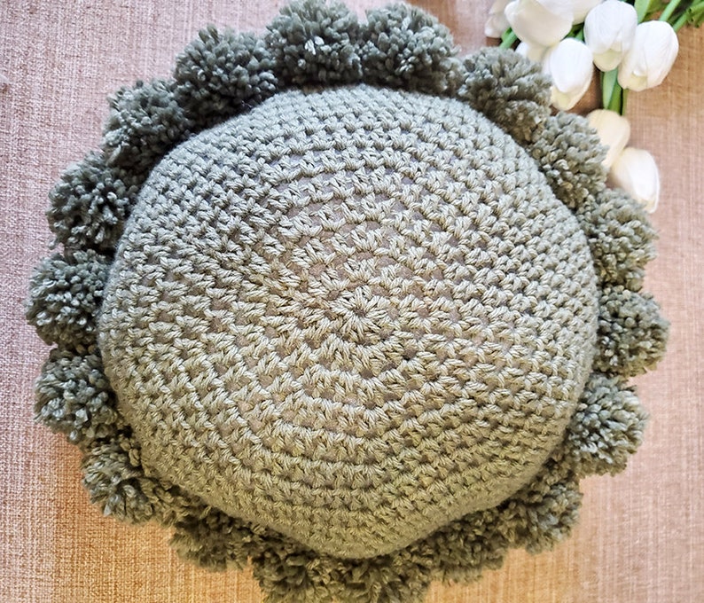 Crochet Round Bubble Cushion with Pompom Home Décor Boho Style Farmhouse Pompom Cushions Round Throw Pillow image 9