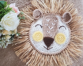 Lion Crochet Raffia Wall Decor | Safari Jungle | Nursery | Kids Room | Decor | Crochet | Wall Art | Boho | Wall Hanging | Raffia