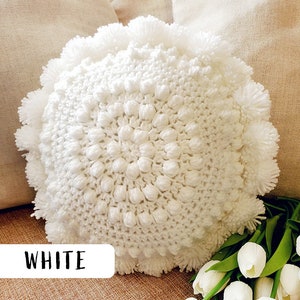 Crochet Round Bubble Cushion with Pompom Home Décor Boho Style Farmhouse Pompom Cushions Round Throw Pillow image 5