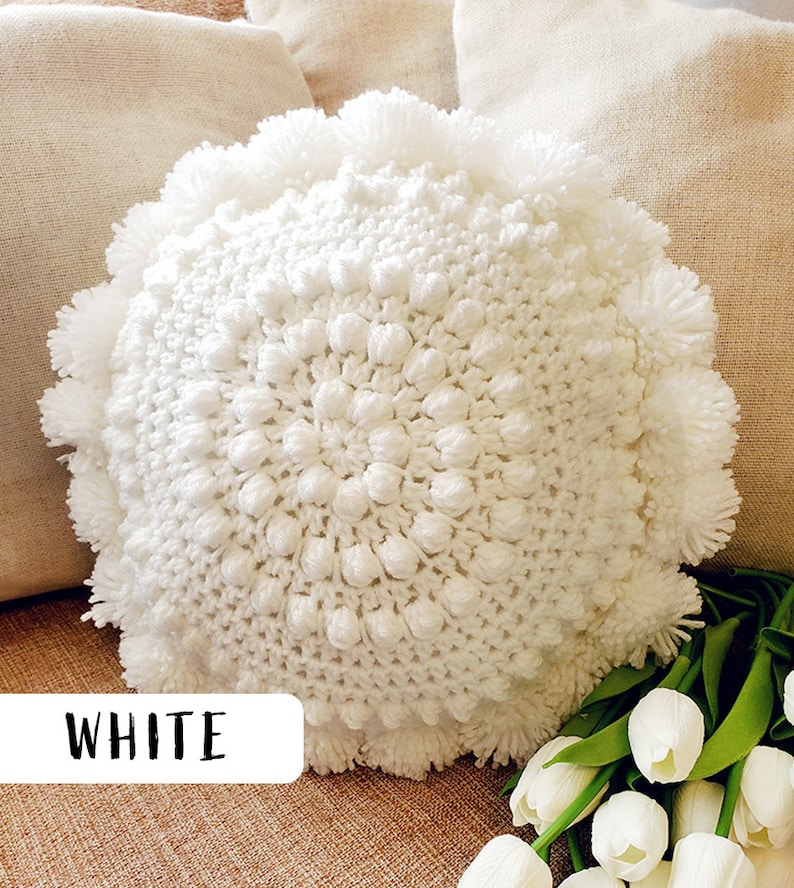 Crochet Round Bubble Cushion with Pompom Home Décor Boho Style Farmhouse Pompom Cushions Round Throw Pillow image 5