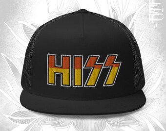 May include: Black trucker hat with a white embroidered KISS logo in orange and yellow. The logo has a striped pattern.