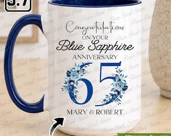Personalized Blue Sapphire Year Mug, 65th Wedding Anniversary Gift, 65 Years Married, Gift For Grandparents or Parents TN1362