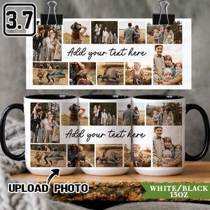 Op de afbeelding: Een witte keramische mok met een zwarte handgreep en rand, voorzien van een aanpasbare fotocollage-indeling met meerdere familieportretten en de tekst Add your text here in een zwart scriptlettertype in het midden.